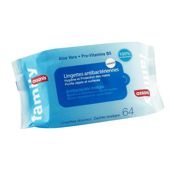 ASSANIS FAMILY LINGETTES ANTIBACTERIENNES DOUCEUR MAINS SURFACES 64 UNITES