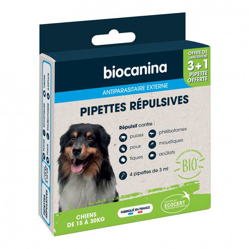 BIOCANINA ANTIPARASITAIRE EXTERNE PIPETTES REPULSIVES BIO CHIEN 15 A 30KG 3 PIPETTES 1 OFFERTE