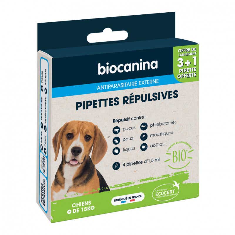 BIOCANINA ANTIPARASITAIRE EXTERNE PIPETTES REPULSIVES BIO CHIENS DE MOINS DE 15KG 3 PIPETTES 1 OFFERTE