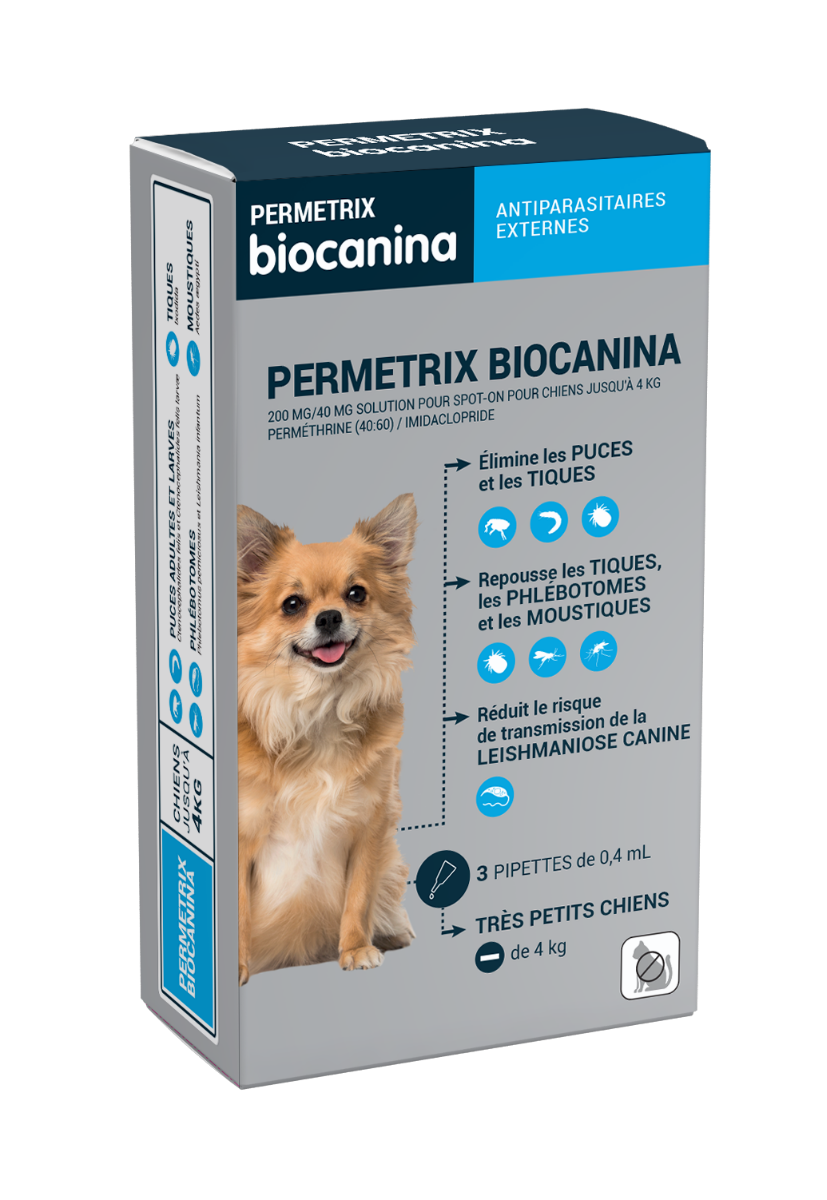 BIOCANINA PERMETRIX TRAITEMENT PUCES TIQUES TRES PETITS CHIENS 3 PIPETTES DE 0 4ML