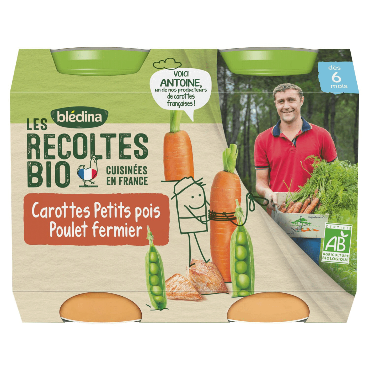BLEDINA LES RECOLTES BIO PETITS POIS POULET 2X200G
