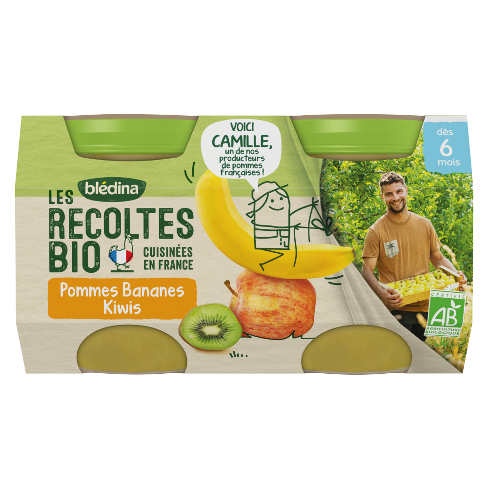 BLEDINA LES RECOLTES BIO POMMES BANANES KIWIS 2X130G