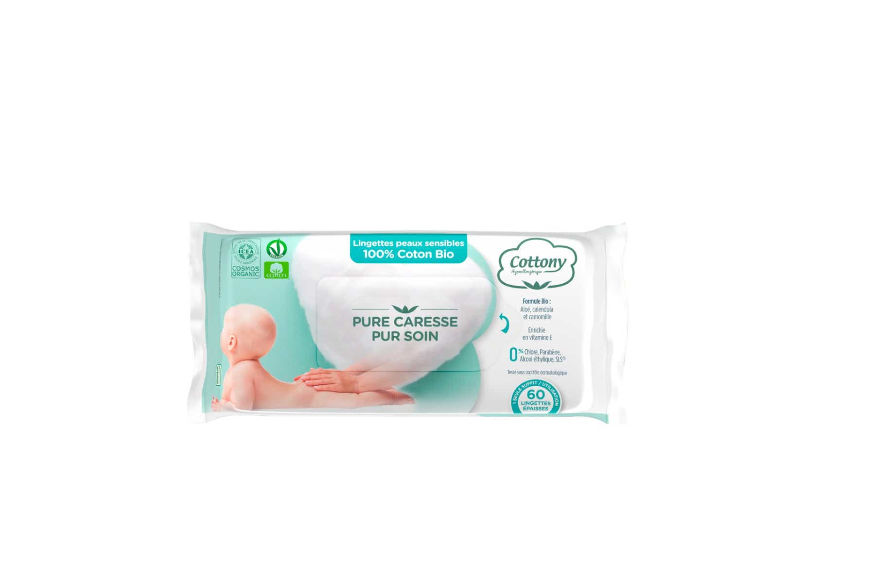 COTTONY LINGETTES BEBE PEAUX SENSIBLES PURE CARESSE PUR SOIN BIO 60 LINGETTES