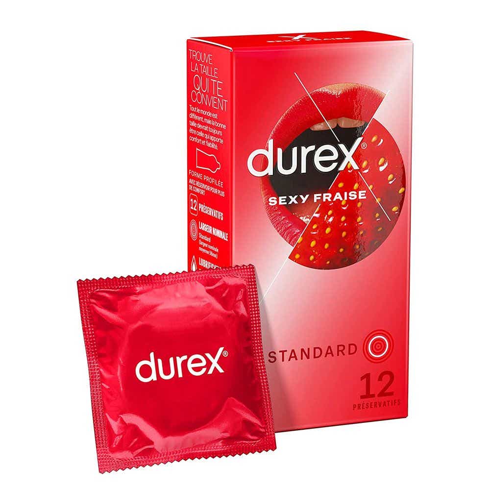 DUREX SEXY FRAISE PRESERVATIFS EXTRA LUBRIFIES GOUT FRAISE 12 UNITES