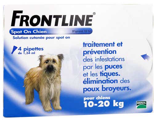 FRONTLINE SPOT ON CHIENS 10 A 20KG 4 PIPETTES DE 1 34ML