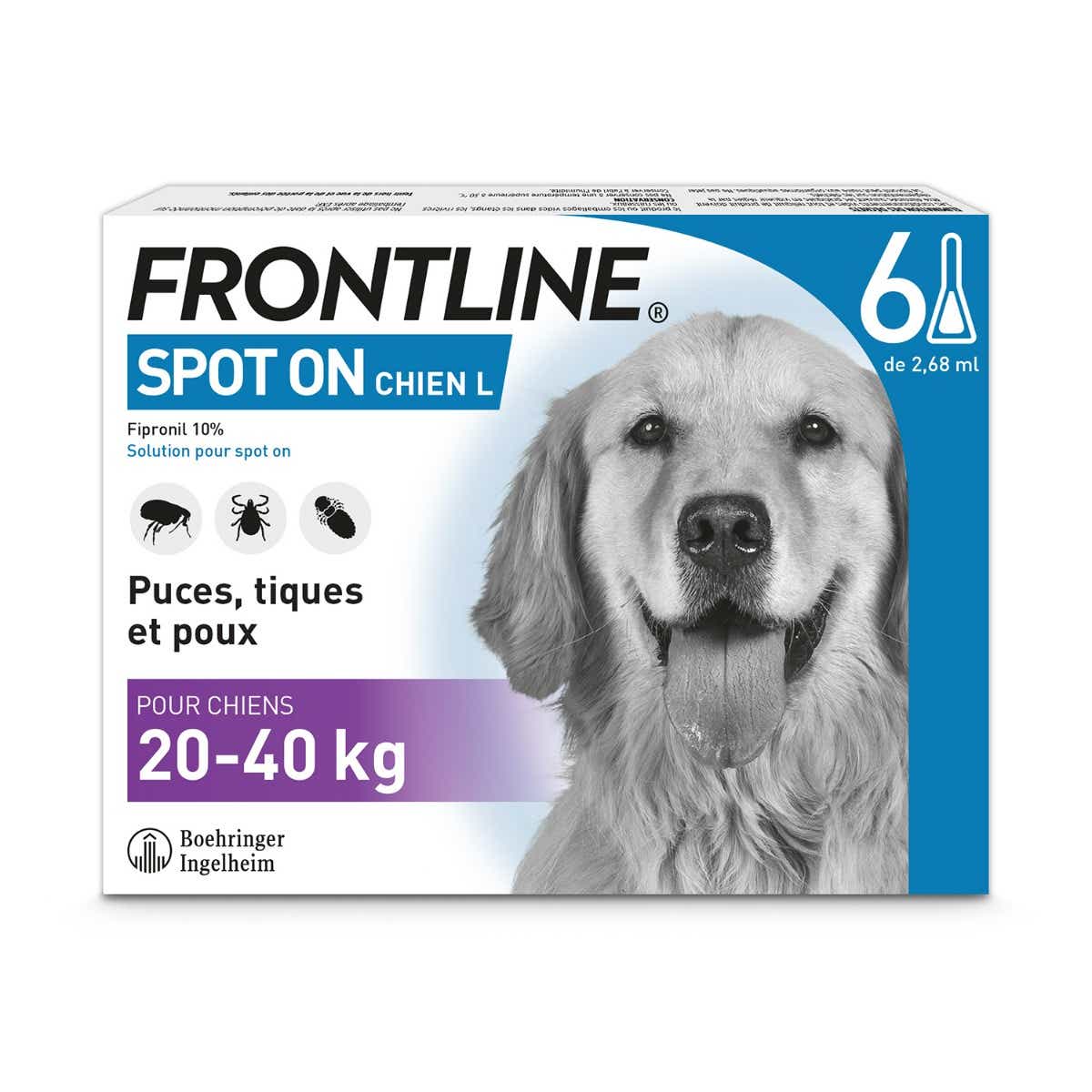 FRONTLINE SPOT ON CHIENS 20 A 40KG 6 PIPETTES DE 268ML