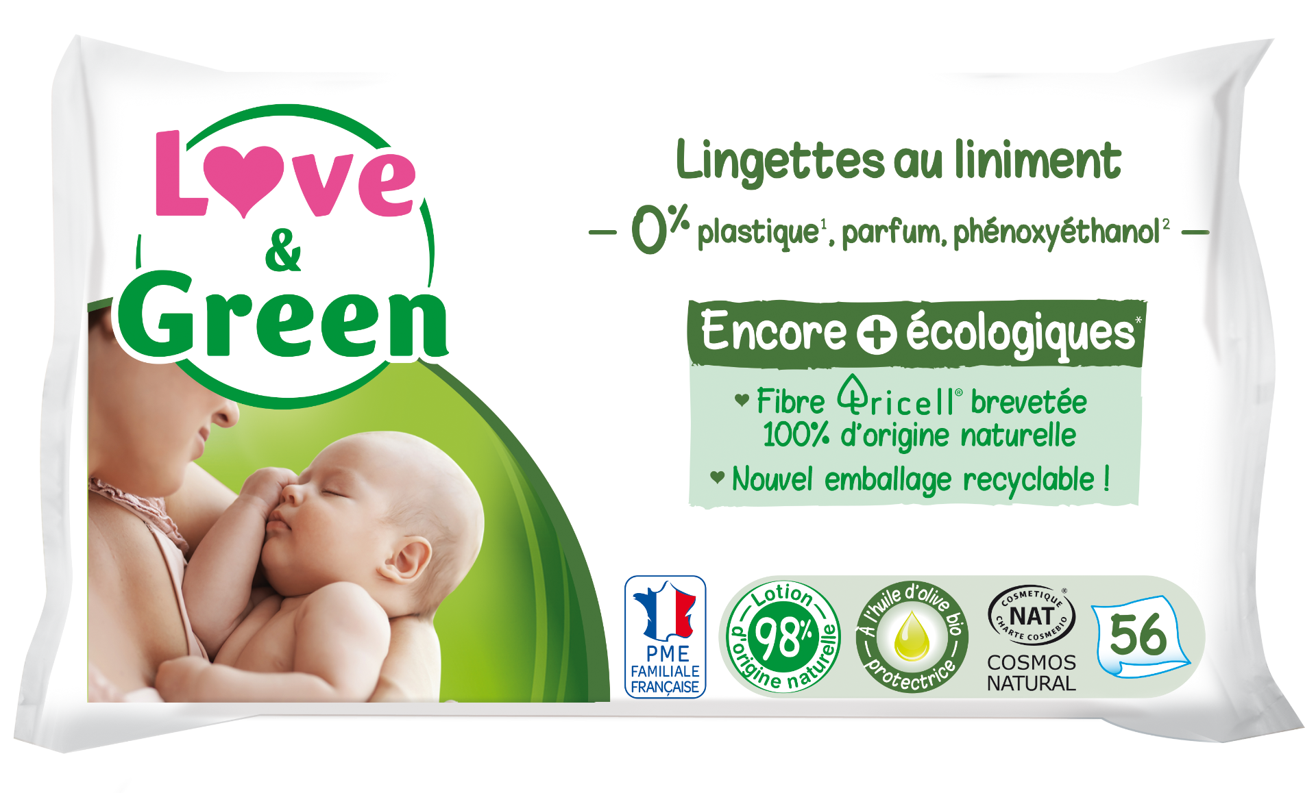 LOVE AND GREEN LINGETTES ECOLOGIQUES AU LINIMENT 56 LINGETTES