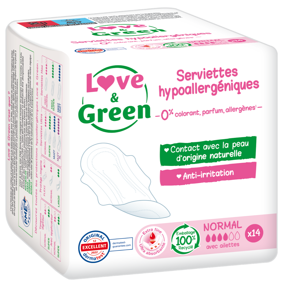 LOVE GREEN SERVIETTES HYGIENIQUES HYPOALLERGENIQUES ANTI IRRITATION NORMAL 14 UNITES