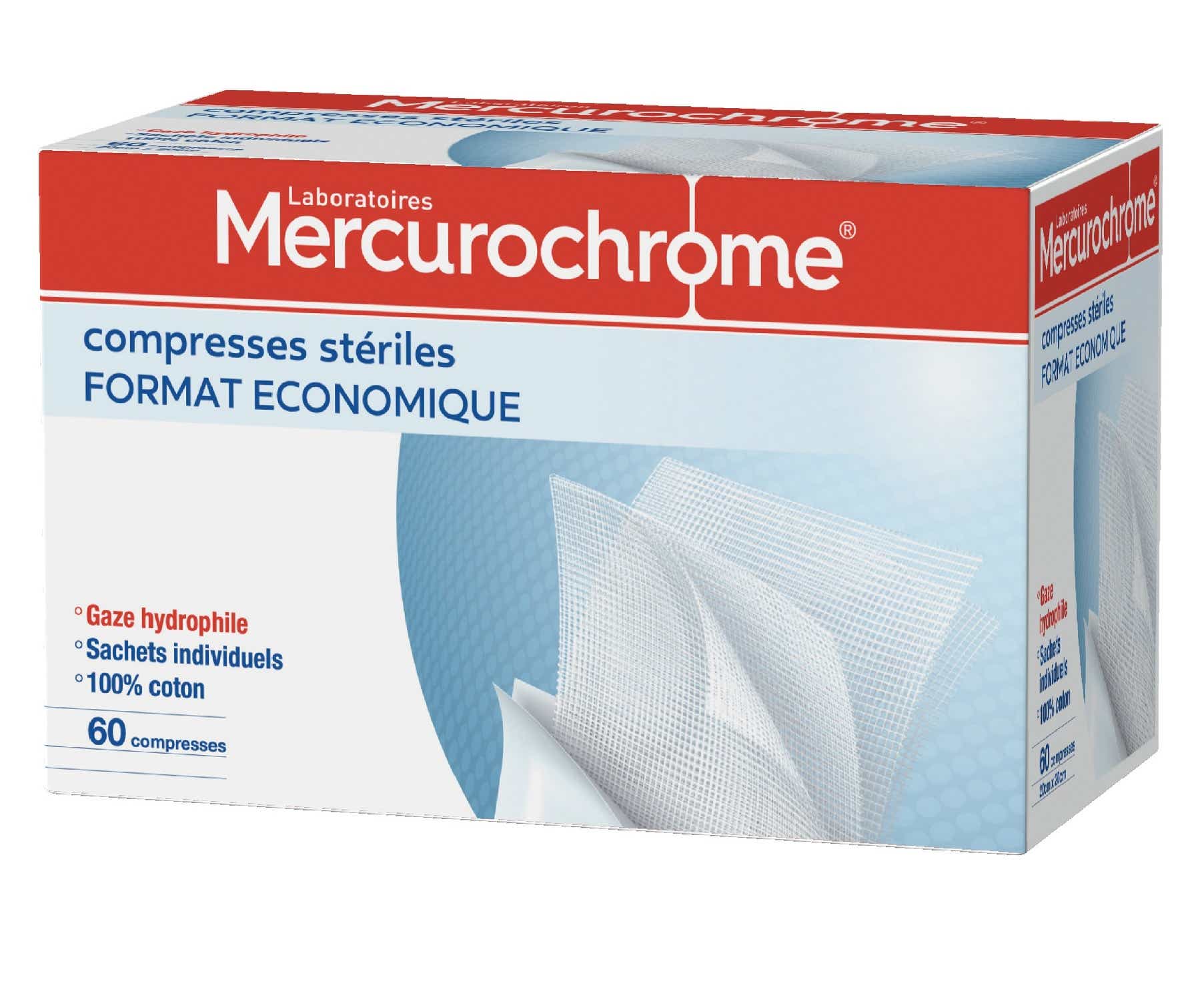 MERCUROCHROME COMPRESSES STERILES 20CMX20CM 60 UNITES