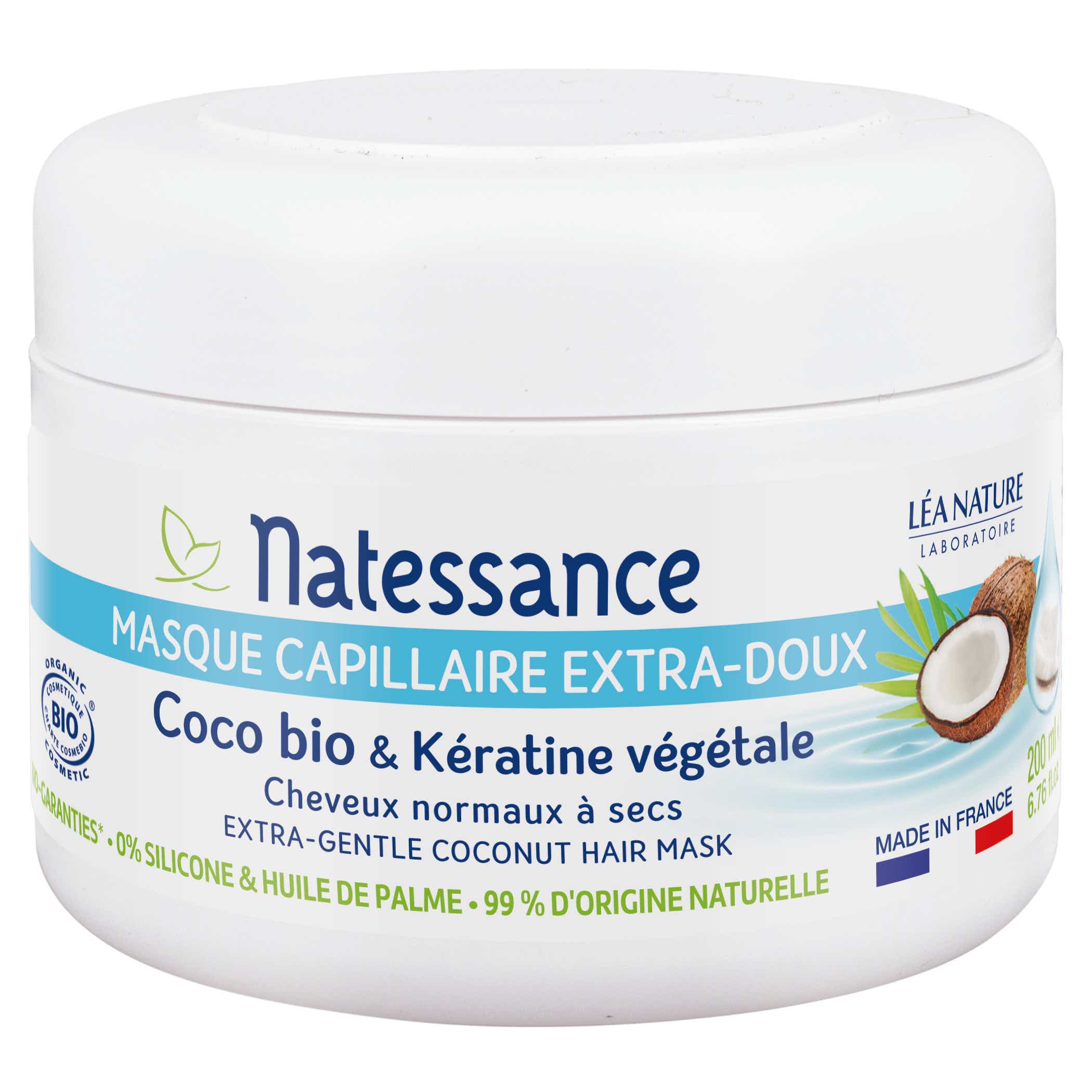 NATESSANCE MASQUE CAPILLAIRE EXTRA DOUX COCO BIO ET KERATINE VEGETALE CHEVEUX NORMAUX A SECS 200ML