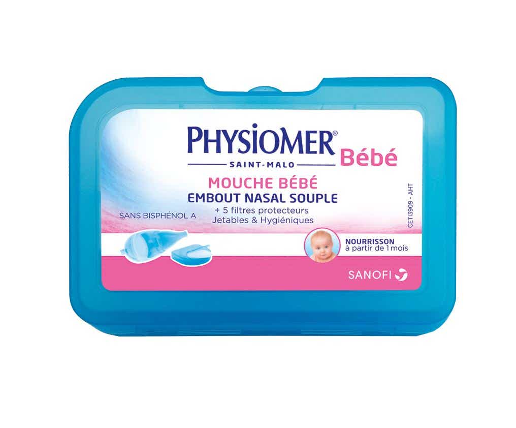 PHYSIOMER MOUCHE BEBE AVEC EMBOUT NASAL SOUPLE 5 FILTRES JETABLES 1 UNITE