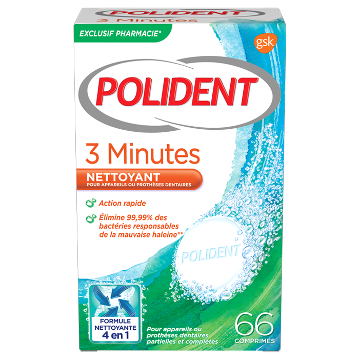 POLIDENT NETTOYANT 3 MINUTES 66 COMPRIMES