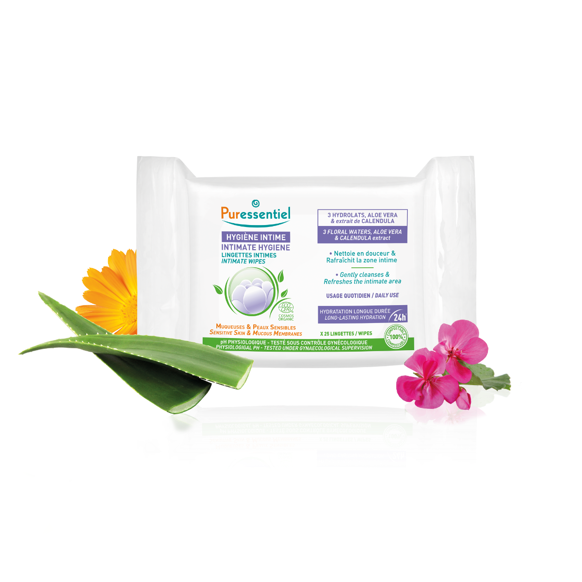 PURESSENTIEL HYGIENE INTIME LINGETTES INTIMES QUOTIDIENNES BIO 25 LINGETTES