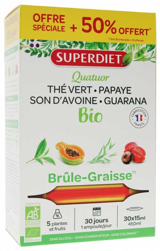 SUPER DIET QUATUOR GUARANA BRULE GRAISSE BIO 30AMPOULES 10AMPOULES OFFERTES