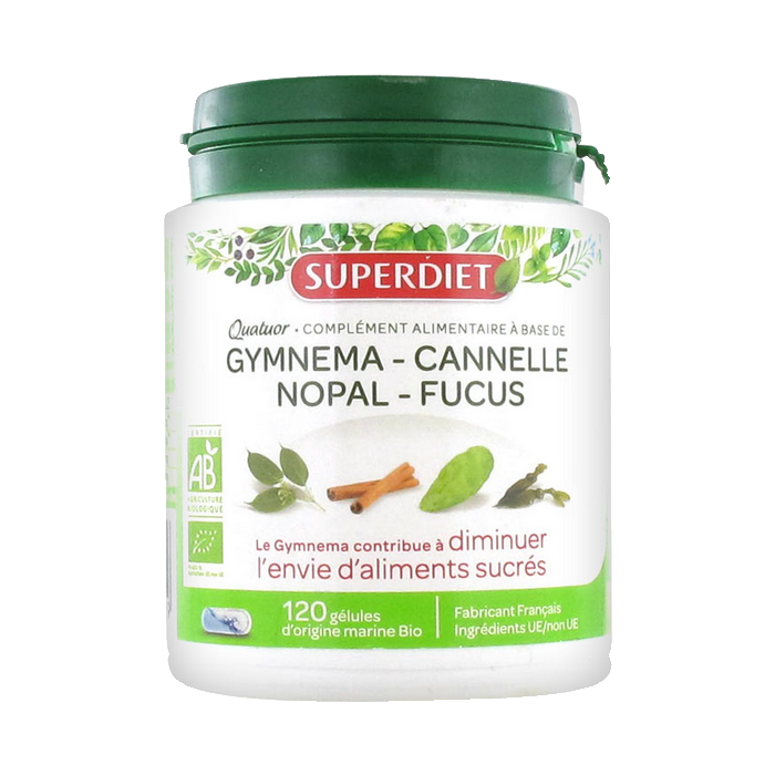 SUPER DIET QUATUOR GYMNEMA CANNELLE NOPAL FUCUS BIO 120 GELULES