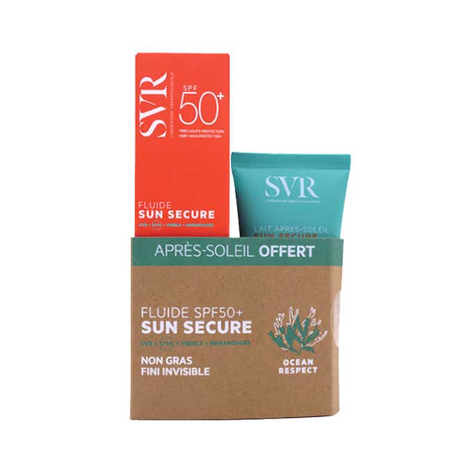 SVR SUN SECURE FLUIDE SOLAIRE NON GRAS SPF50 VISAGE PEAUX HYPERSENSIBLES AU SOLEIL 50ML LAIT APRES SOLEIL APAISANT VISAGE ET CORPS 50ML OFFERT