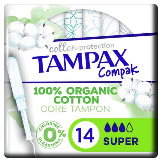 TAMPAX COMPAK COTTON PROTECTION TAMPONS SUPER AVEC APPLICATEURS COTON BIO 14 TAMPONS