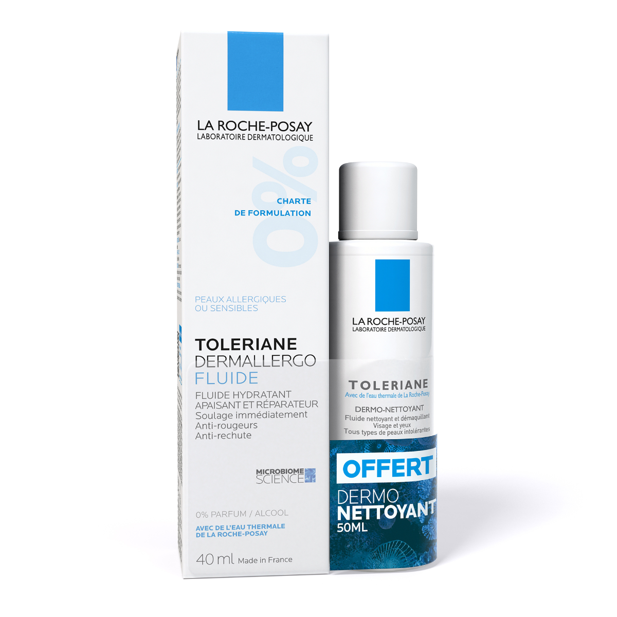 TOLERIANE DERMALLERGO FLUIDE HYDRATANT APAISANT VISAGE PEAUX ALLERGIQUES OU SENSIBLES 20ML FLUIDE NETTOYANT ET DEMAQUILLANT VISAGE ET YEUX TOUTES PEAUX INTOLERANTES 50ML OFFERT