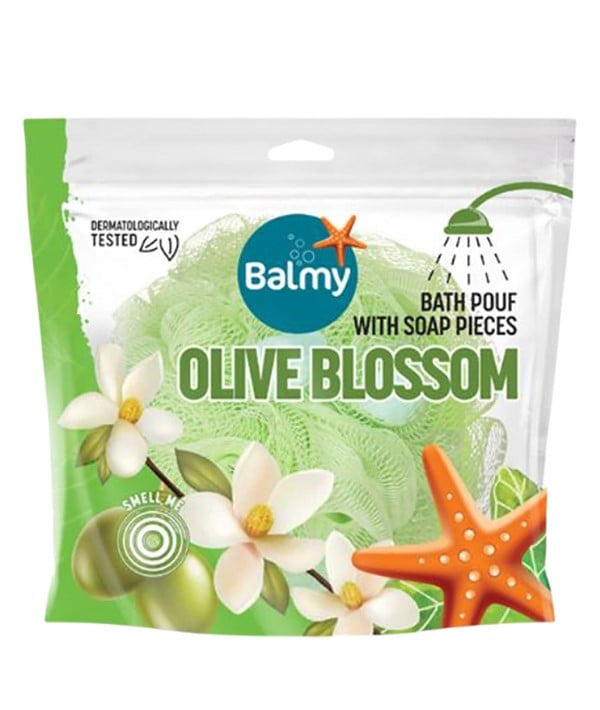 POUF DE BAIN AVEC DES MORCEAUX DE SAVON À LA FLEUR D'OLIVIER